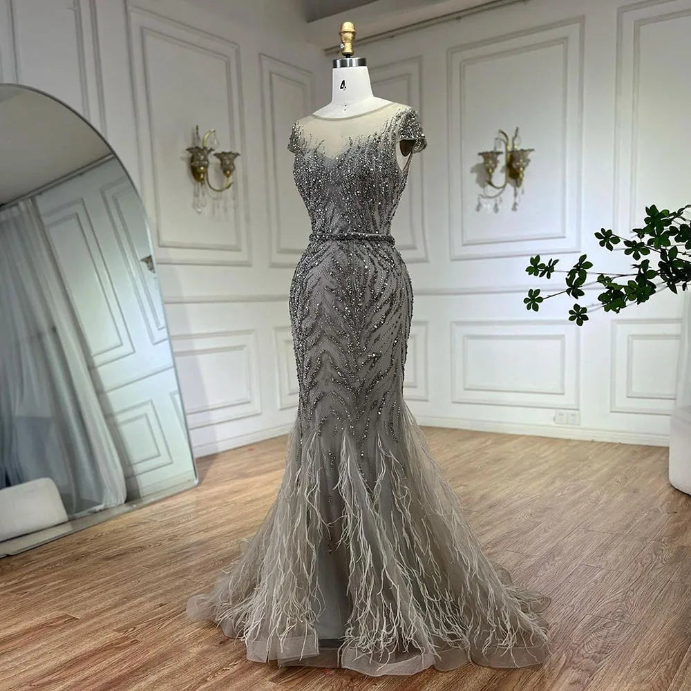 Vestidos de noche estilo sirena con plumas y cuentas color caramelo árabe para mujer, vestidos de noche para boda 2025 LA72519