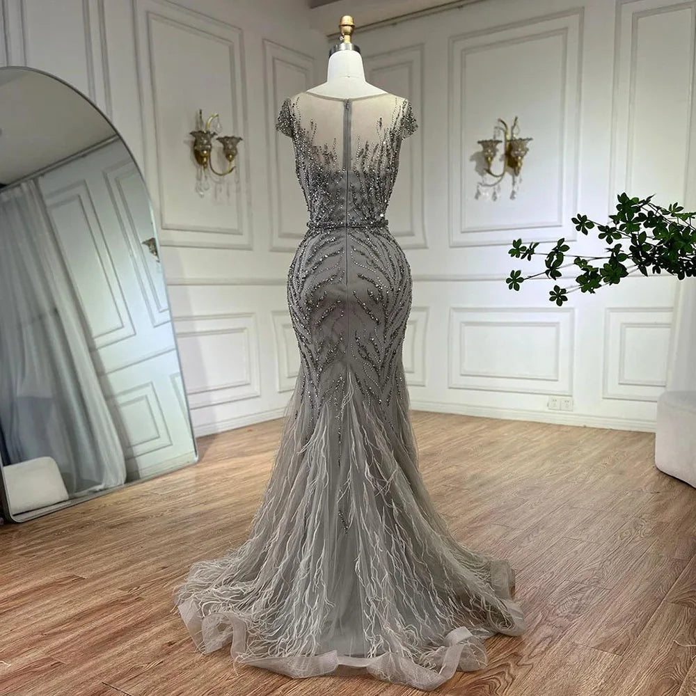 Vestidos de noche estilo sirena con plumas y cuentas color caramelo árabe para mujer, vestidos de noche para boda 2025 LA72519