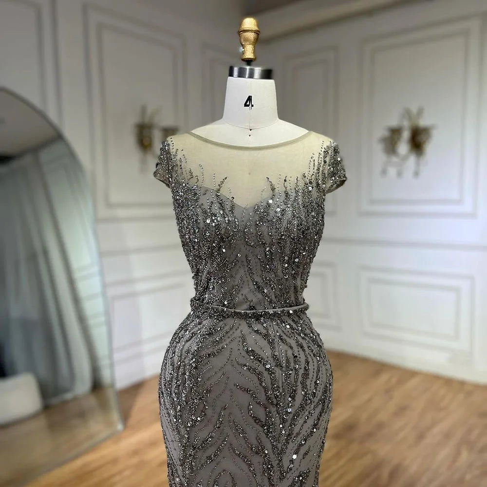 Vestidos de noche estilo sirena con plumas y cuentas color caramelo árabe para mujer, vestidos de noche para boda 2025 LA72519