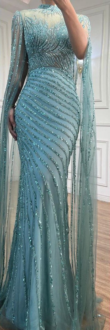 Vestido de noche largo estilo sirena, sexy, con mangas acampanadas, encaje y cuentas, estilo caramelo árabe, para mujer, para fiesta de boda, LA71885