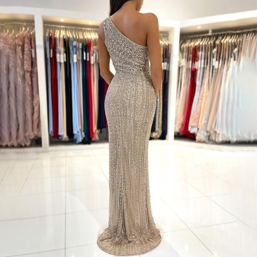 Vestido de noche elegante con cuentas y un hombro al descubierto, estilo sirena, color caramelo árabe, para mujer, boda, fiesta, LA71918
