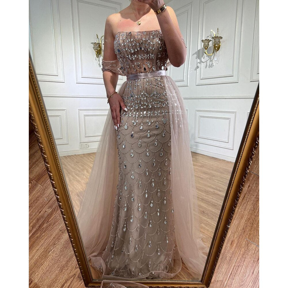 Luxuriöses Champagner-Meerjungfrau-Arabisches Abendkleid für Hochzeitsfeier LA71922