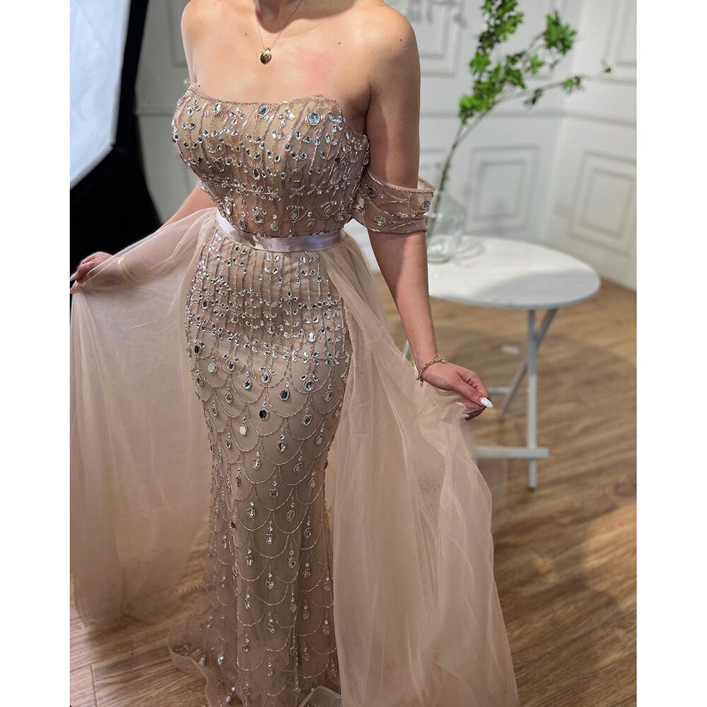 Luxuriöses Champagner-Meerjungfrau-Arabisches Abendkleid für Hochzeitsfeier LA71922