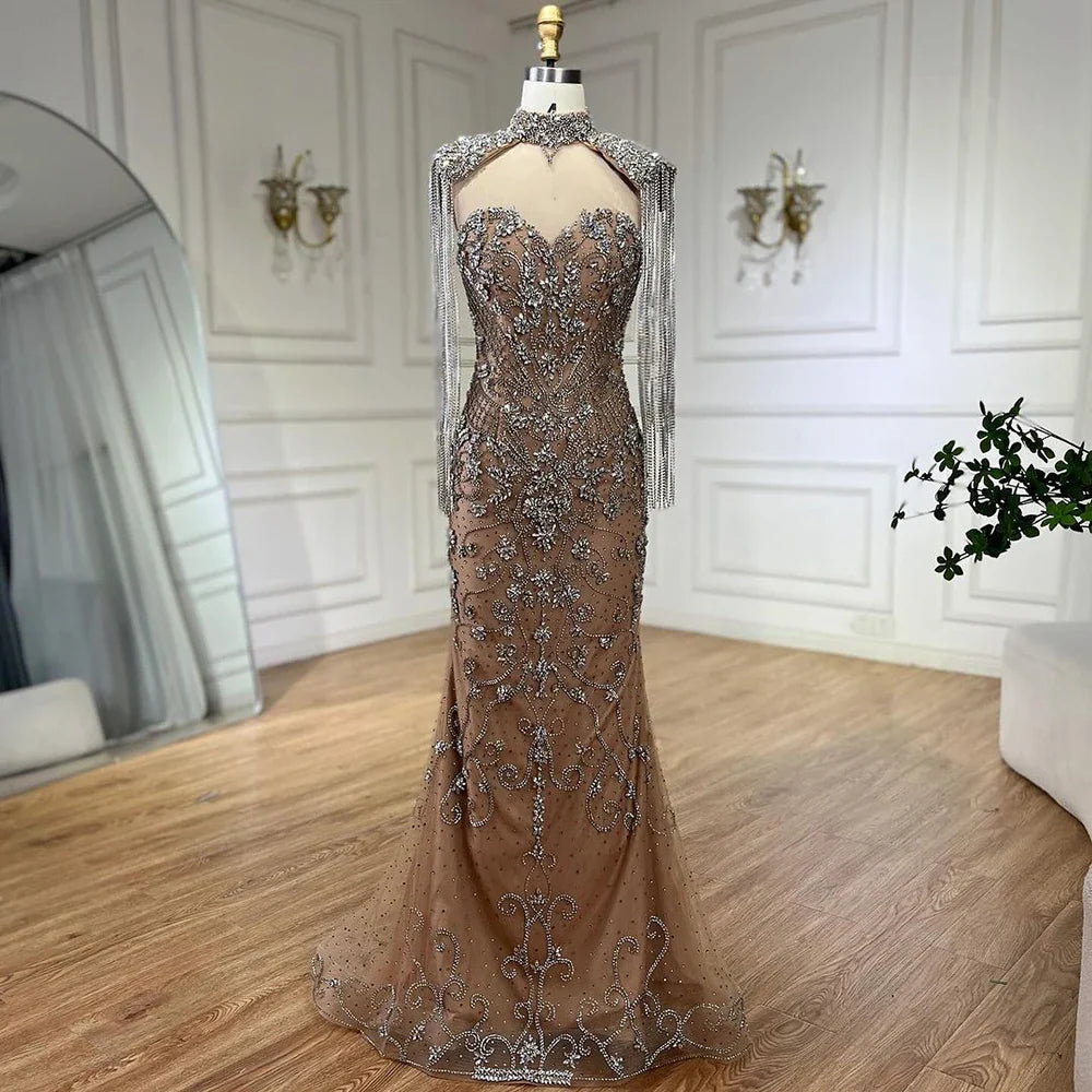 Vestidos de noche de lujo estilo sirena con borlas y cuentas color caramelo árabe para mujer, vestidos de boda estilo Dubái 2025 LA72237A