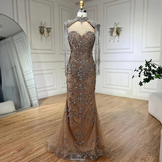 Vestidos de noche de lujo estilo sirena con borlas y cuentas color caramelo árabe para mujer, vestidos de boda estilo Dubái 2025 LA72237A