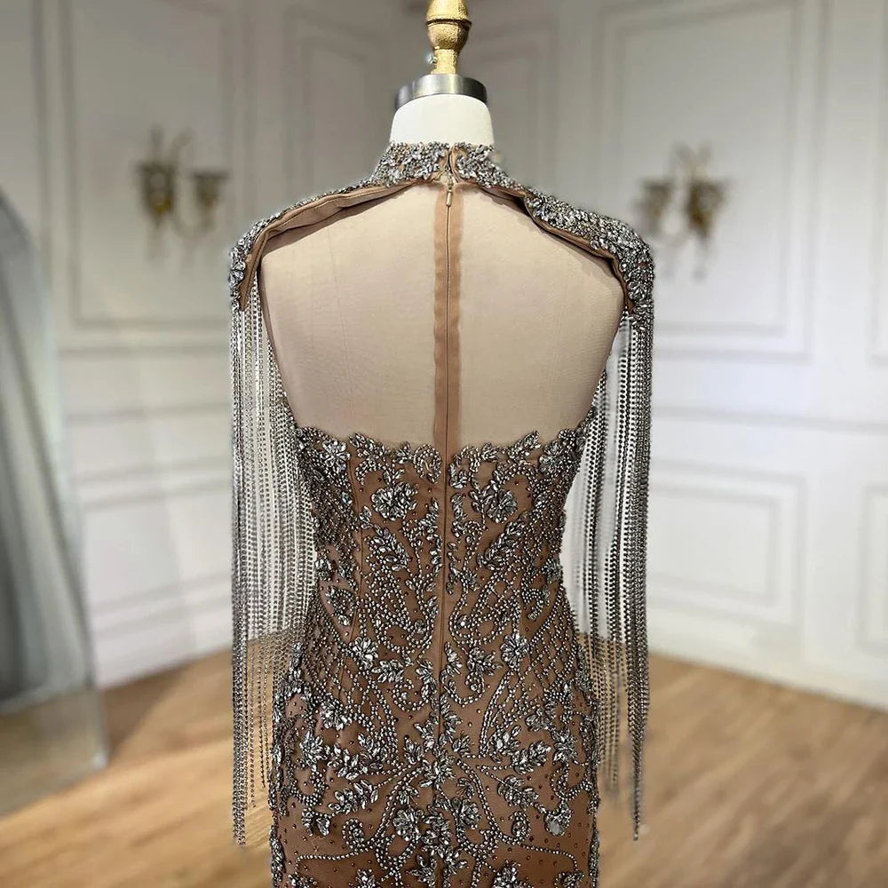 Vestidos de noche de lujo estilo sirena con borlas y cuentas color caramelo árabe para mujer, vestidos de boda estilo Dubái 2025 LA72237A