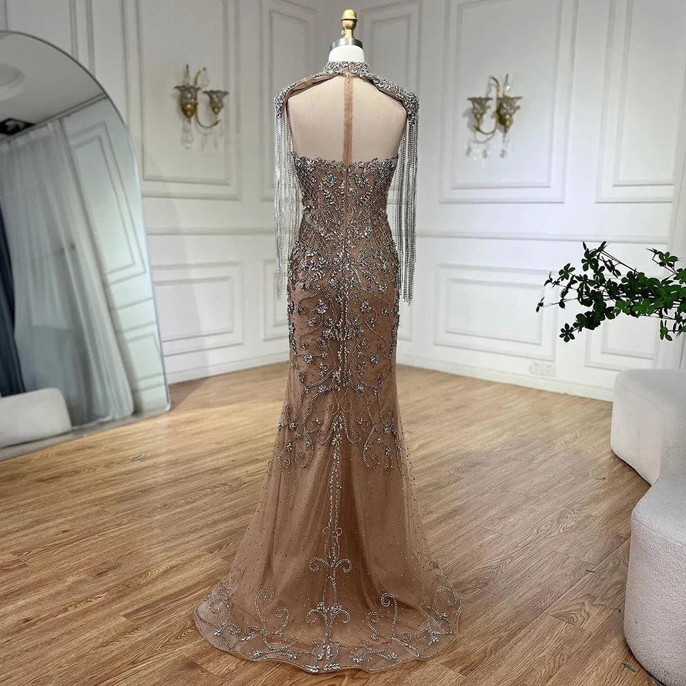 Vestidos de noche de lujo estilo sirena con borlas y cuentas color caramelo árabe para mujer, vestidos de boda estilo Dubái 2025 LA72237A