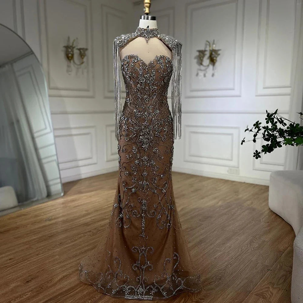 Vestidos de noche de lujo estilo sirena con borlas y cuentas color caramelo árabe para mujer, vestidos de boda estilo Dubái 2025 LA72237A