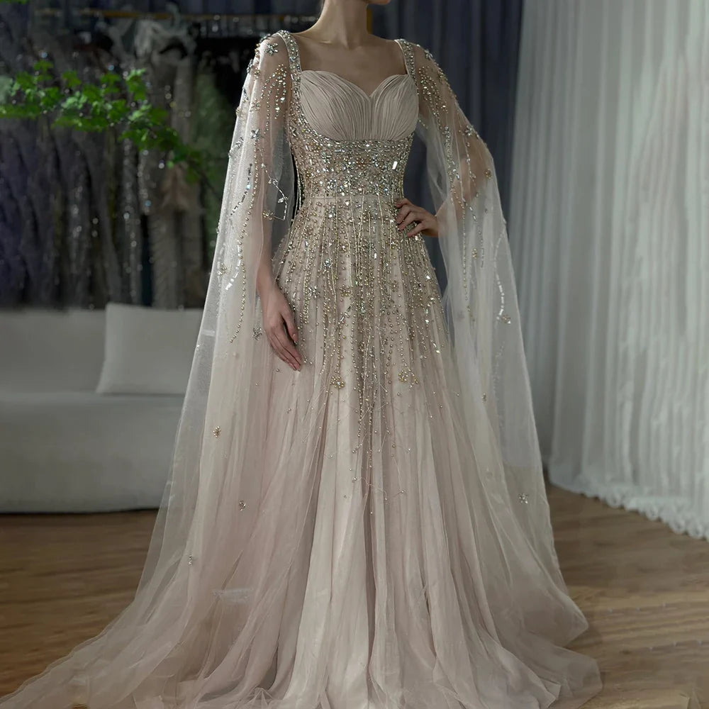 Vestidos de noche árabes color champán de Dubái, de lujo, con borlas y cuentas, para mujer, vestido de fiesta de boda LA72390