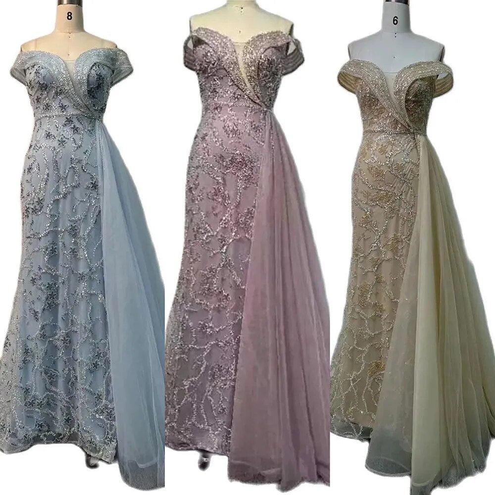 Vestidos de noche de lujo estilo sirena árabe con cuentas color cian, estilo Dubái, sexys, sin tirantes, para mujer, para boda, fiesta, LA72207