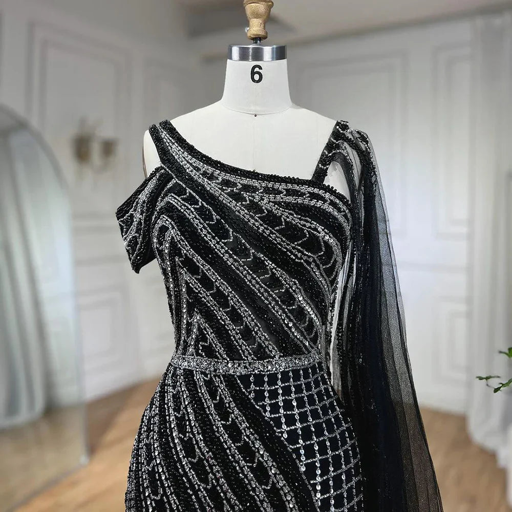 Vestido de noche de lujo estilo sirena con cuentas y capa larga negra árabe de Dubái para mujer, ideal para bodas 2025 LA72296