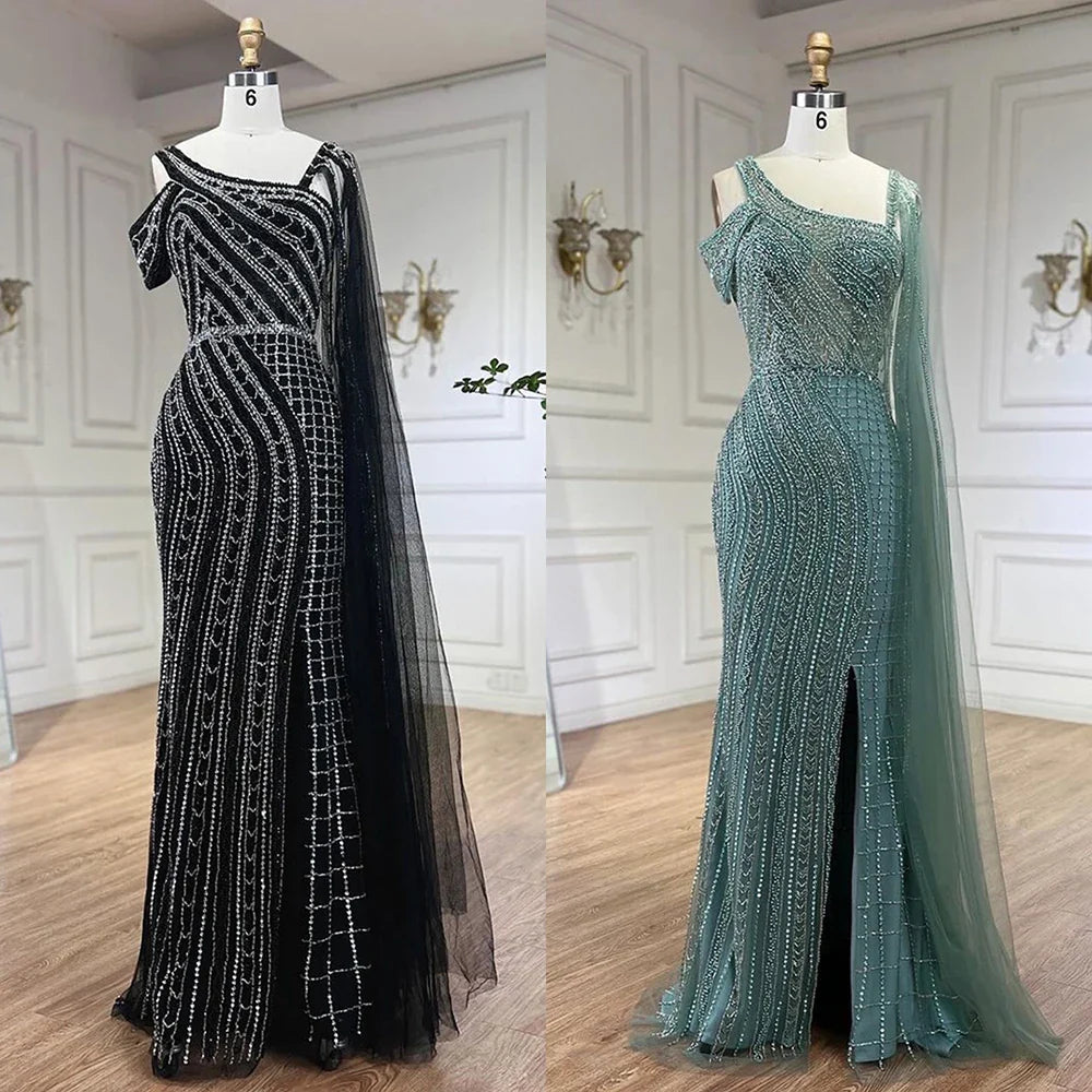 Vestido de noche de lujo estilo sirena con cuentas y capa larga negra árabe de Dubái para mujer, ideal para bodas 2025 LA72296
