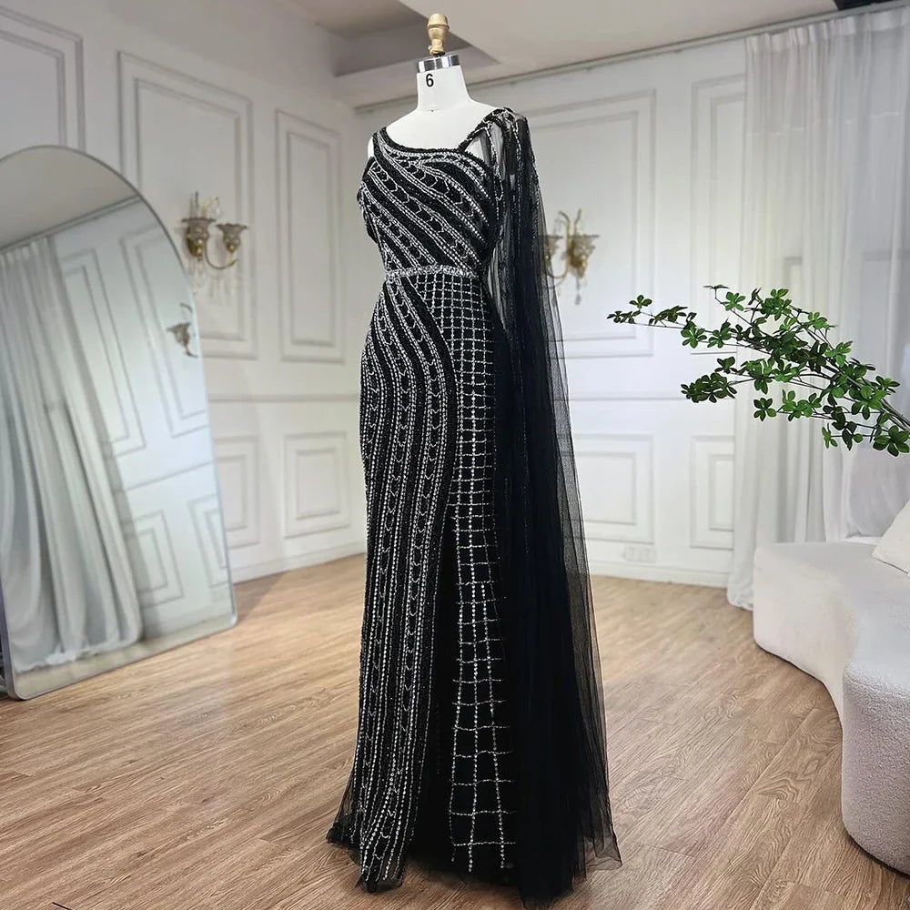 Vestido de noche de lujo estilo sirena con cuentas y capa larga negra árabe de Dubái para mujer, ideal para bodas 2025 LA72296