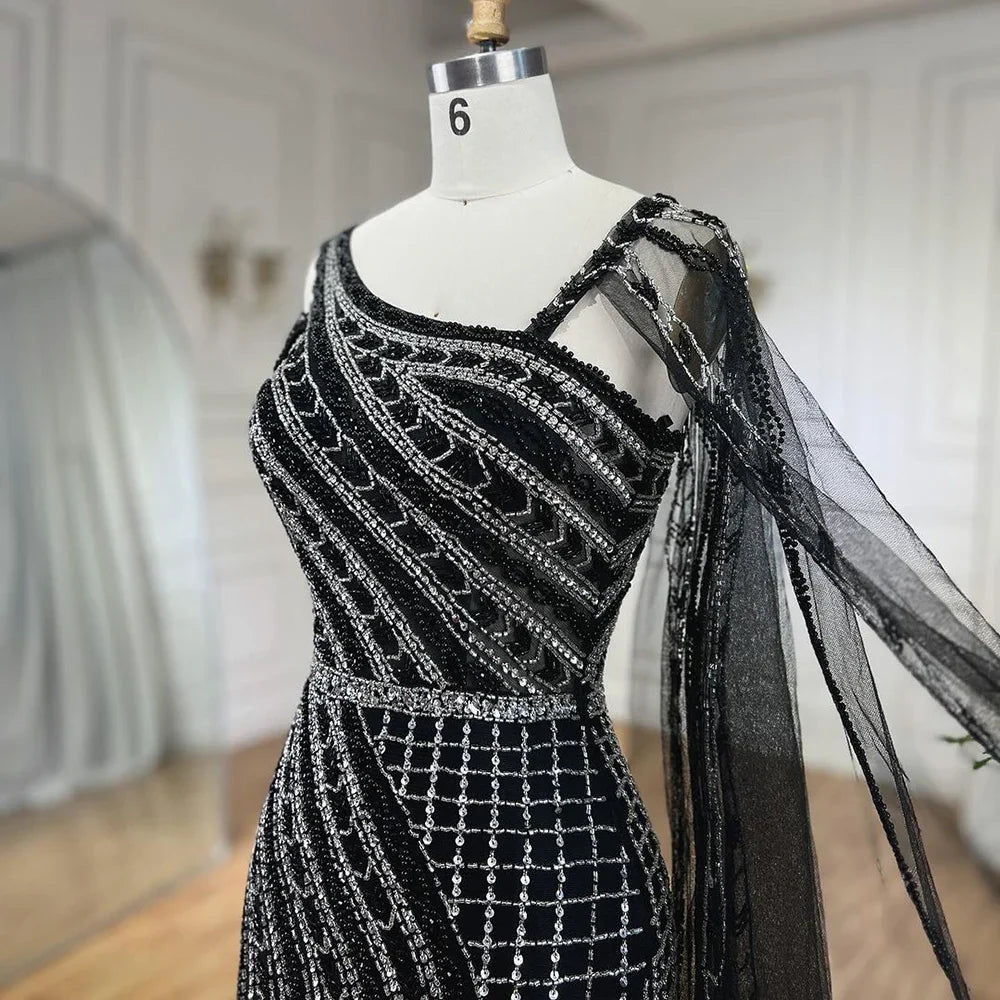 Vestido de noche de lujo estilo sirena con cuentas y capa larga negra árabe de Dubái para mujer, ideal para bodas 2025 LA72296