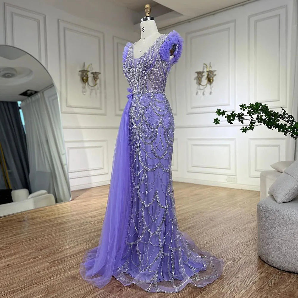 Vestidos de noche de lujo estilo sirena lila con sobrefalda y cuentas, estilo árabe de Dubái, para mujer, para boda, fiesta, 2025, LA72564