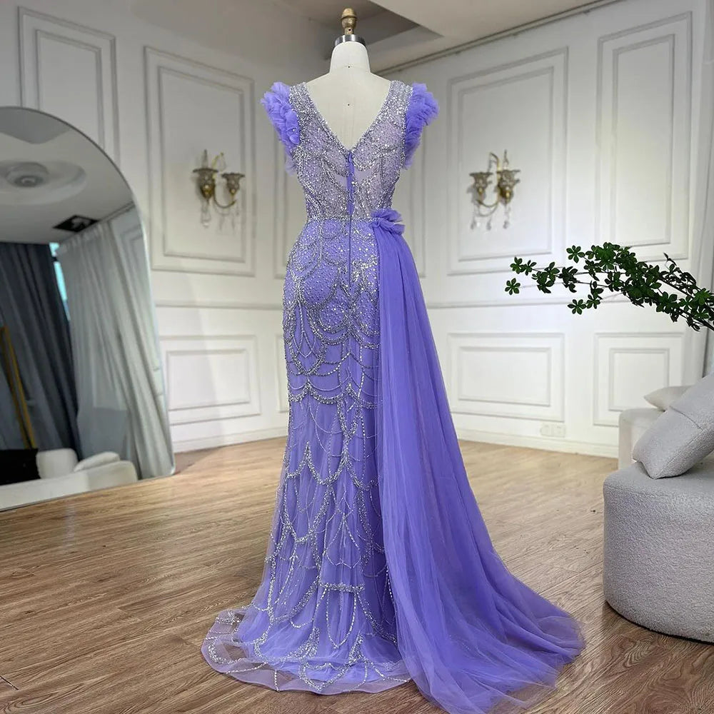 Vestidos de noche de lujo estilo sirena lila con sobrefalda y cuentas, estilo árabe de Dubái, para mujer, para boda, fiesta, 2025, LA72564
