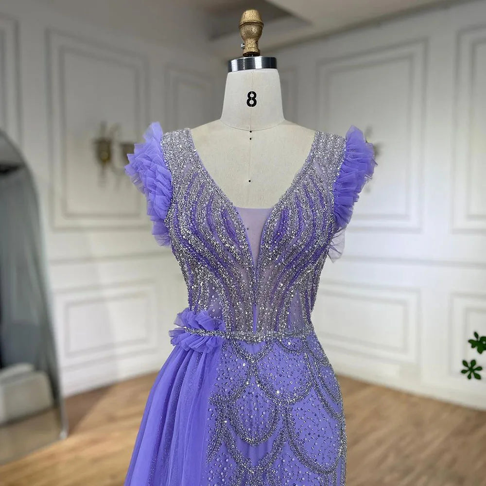 Vestidos de noche de lujo estilo sirena lila con sobrefalda y cuentas, estilo árabe de Dubái, para mujer, para boda, fiesta, 2025, LA72564