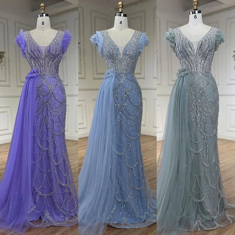 Vestidos de noche de lujo estilo sirena lila con sobrefalda y cuentas, estilo árabe de Dubái, para mujer, para boda, fiesta, 2025, LA72564
