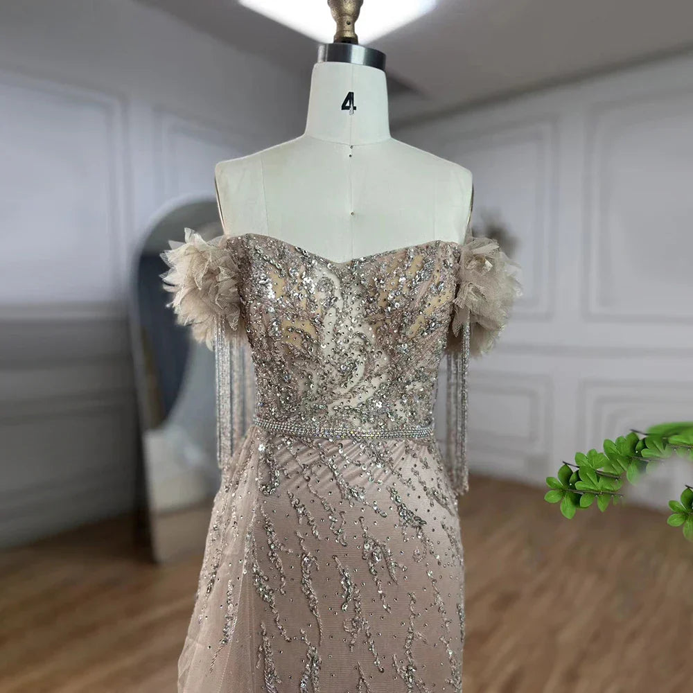 Vestidos de noche de lujo estilo sirena, estilo árabe, estilo Dubái, con escote barco y borlas de cuentas para mujer, para boda, fiesta, 2025, LA72260