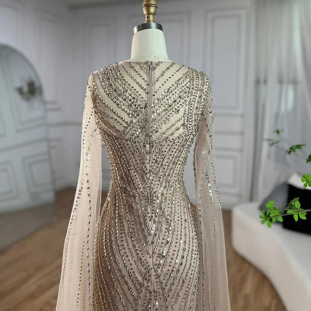 Vestidos de noche árabes elegantes con mangas tipo capa, estilo sirena, color nude, estilo Dubái, con cuentas, de lujo, para mujer, fiesta, 2025, LA71429B