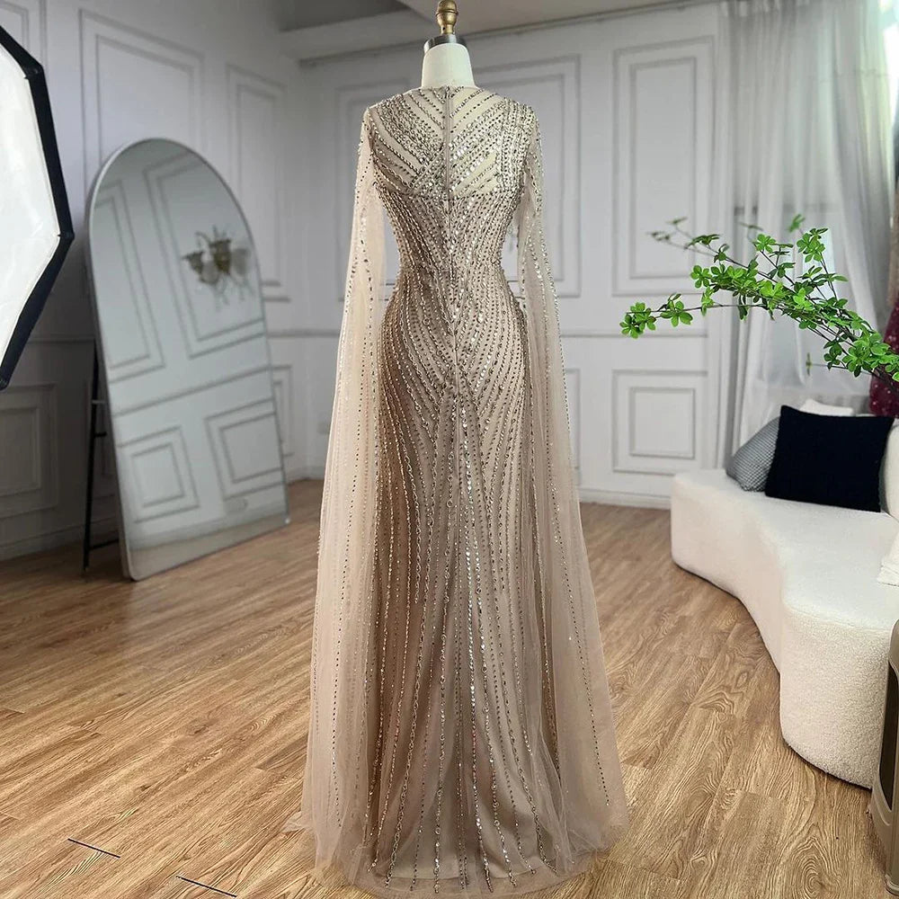 Vestidos de noche árabes elegantes con mangas tipo capa, estilo sirena, color nude, estilo Dubái, con cuentas, de lujo, para mujer, fiesta, 2025, LA71429B