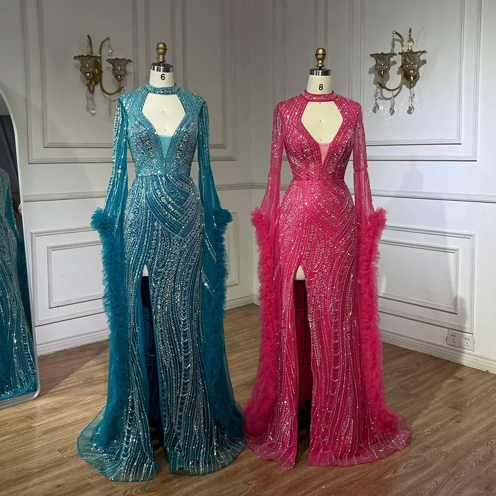 Vestido de sirena árabe fucsia con mangas acampanadas y plumas con cuentas | Vestidos de noche para mujer - Fiesta de bodas LA72597