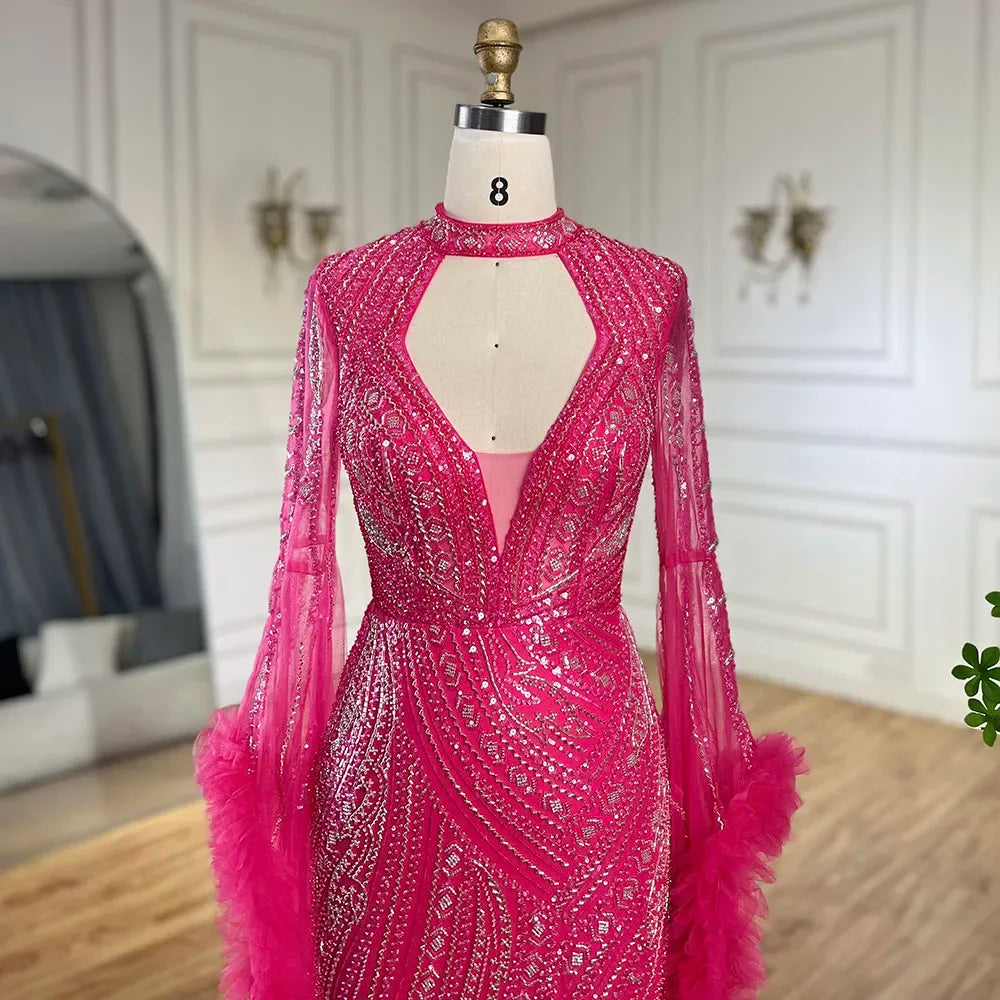 Vestido de sirena árabe fucsia con mangas acampanadas y plumas con cuentas | Vestidos de noche para mujer - Fiesta de bodas LA72597