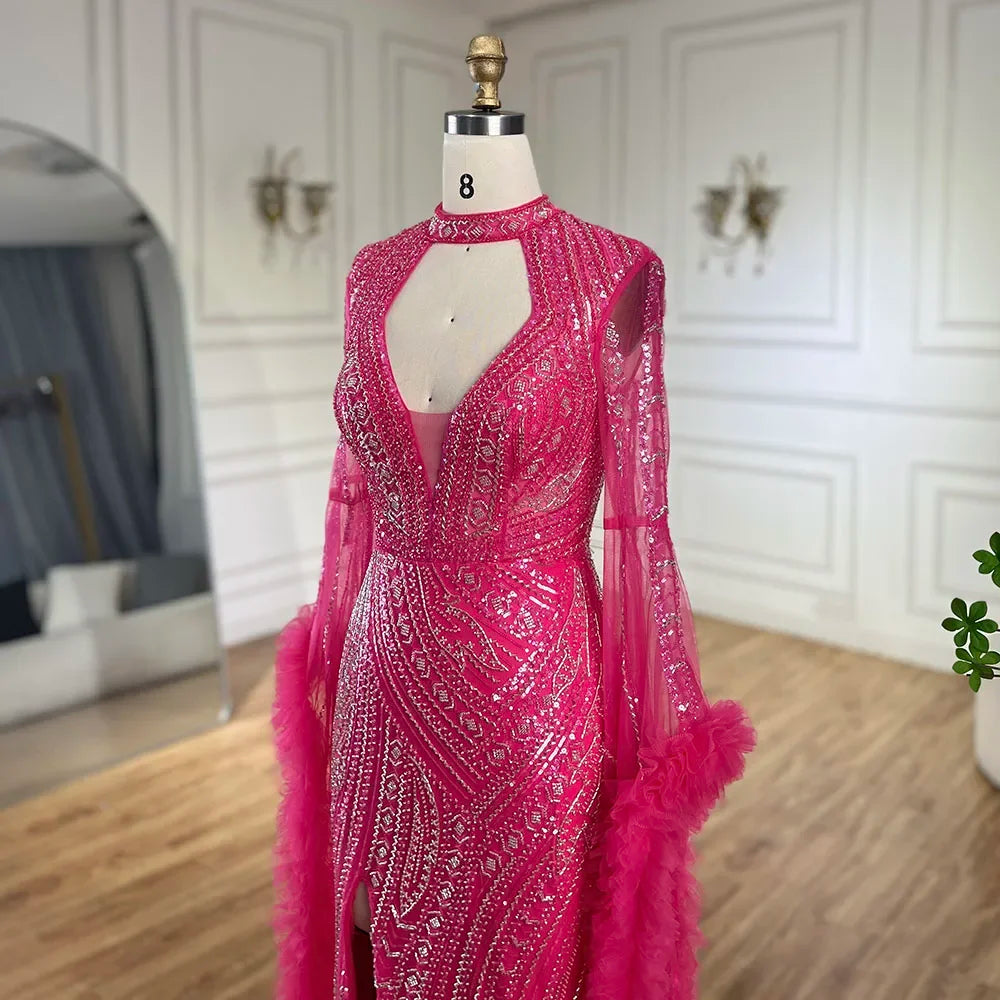 Vestido de sirena árabe fucsia con mangas acampanadas y plumas con cuentas | Vestidos de noche para mujer - Fiesta de bodas LA72597