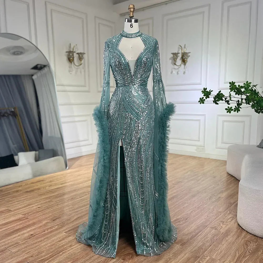 Vestido de sirena árabe fucsia con mangas acampanadas y plumas con cuentas | Vestidos de noche para mujer - Fiesta de bodas LA72597