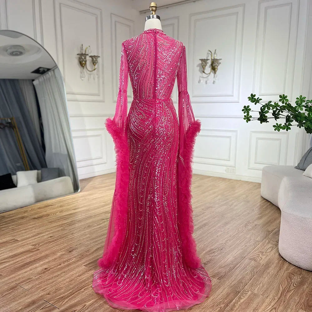 Vestido de sirena árabe fucsia con mangas acampanadas y plumas con cuentas | Vestidos de noche para mujer - Fiesta de bodas LA72597