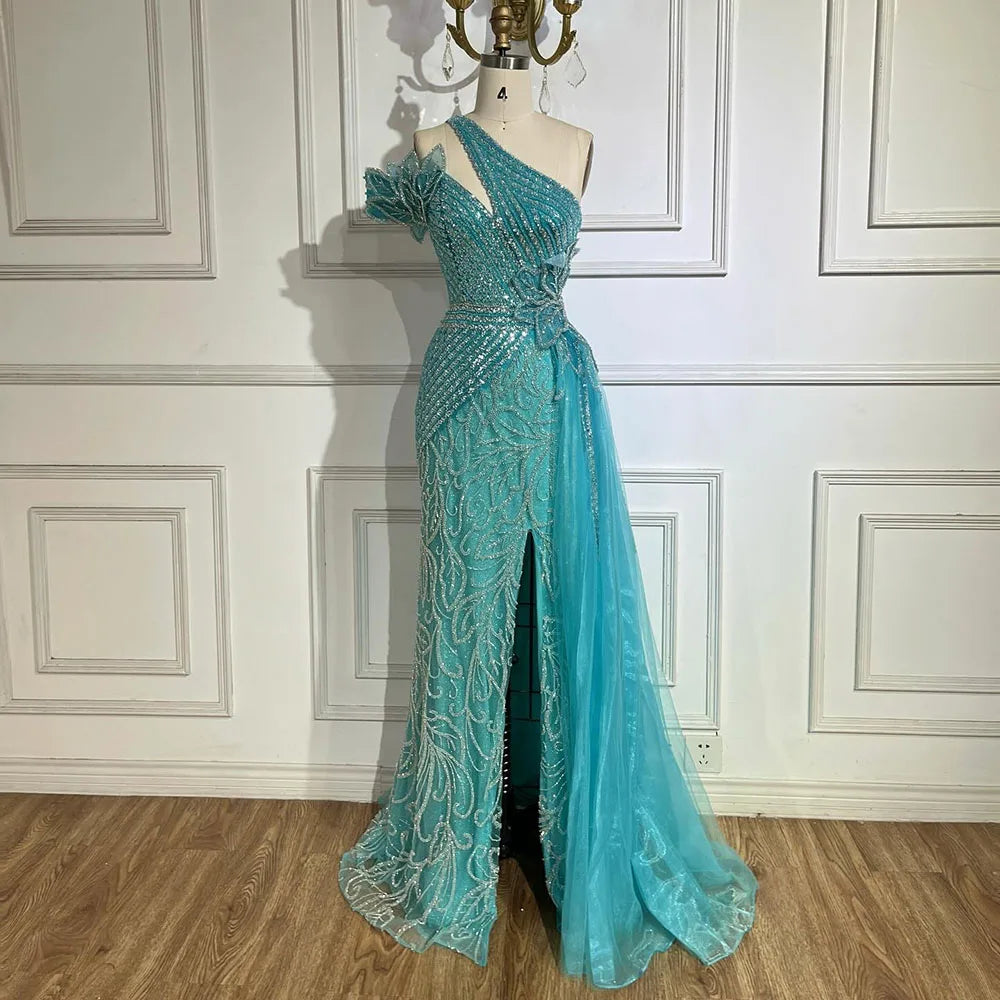 Arabic Fuchsia One-Shoulder Tulle Overskirt Mermaid Beaded Evening Gown for Women | Wedding Party 2025 LA72599