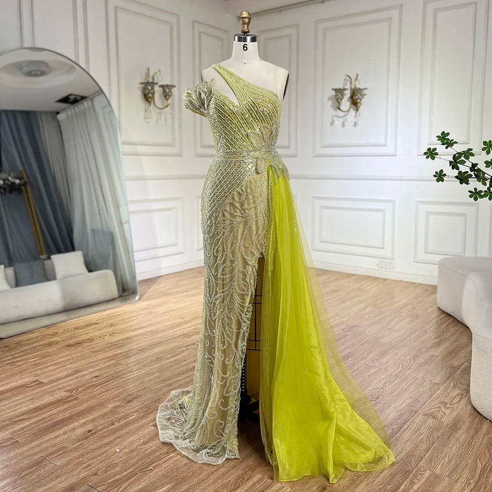 Arabic Fuchsia One-Shoulder Tulle Overskirt Mermaid Beaded Evening Gown for Women | Wedding Party 2025 LA72599