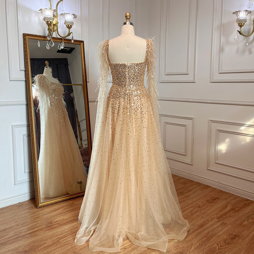 Vestidos de noche de lujo con cuentas, corte A, plumas, mangas capa, estilo árabe dorado, para mujer, fiesta 2025, LA71782