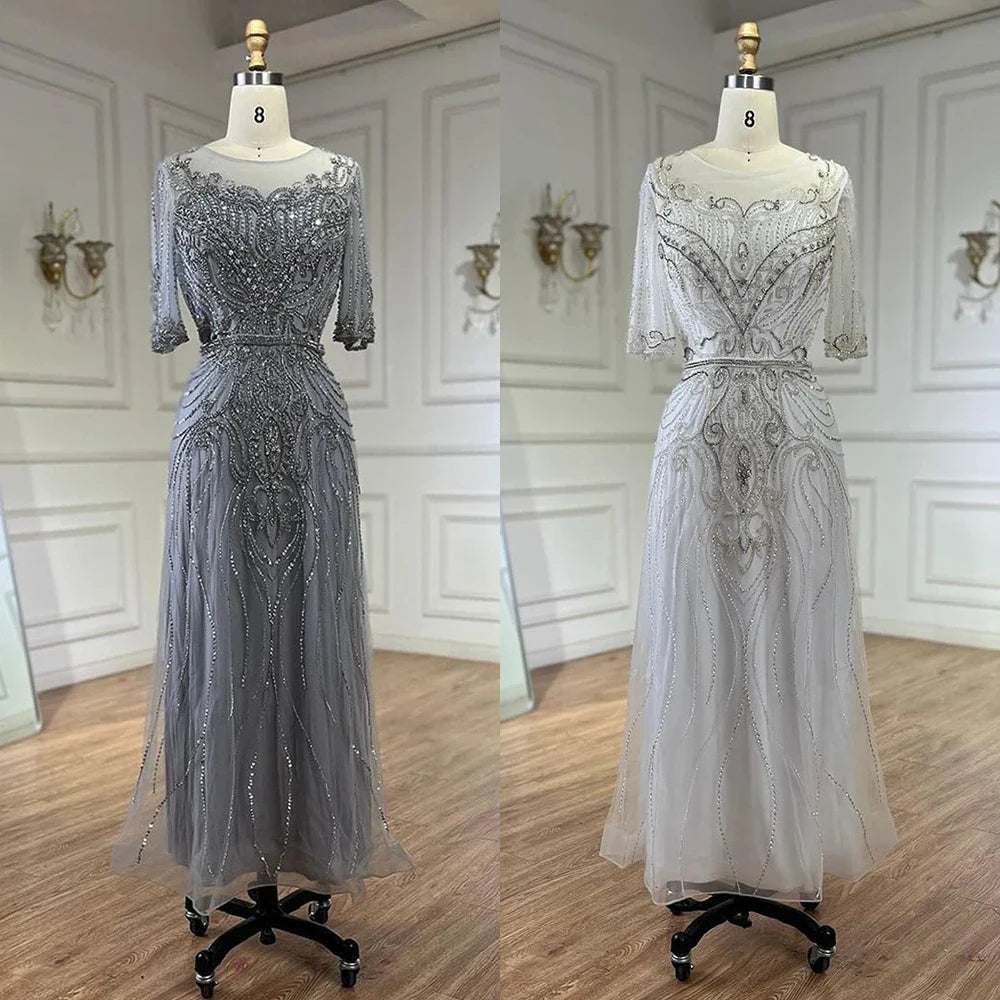 Vestido de noche elegante de sirena, largo hasta la rodilla, con cuentas, estilo árabe, gris, para mujer, para boda, fiesta, 2025, LA72559