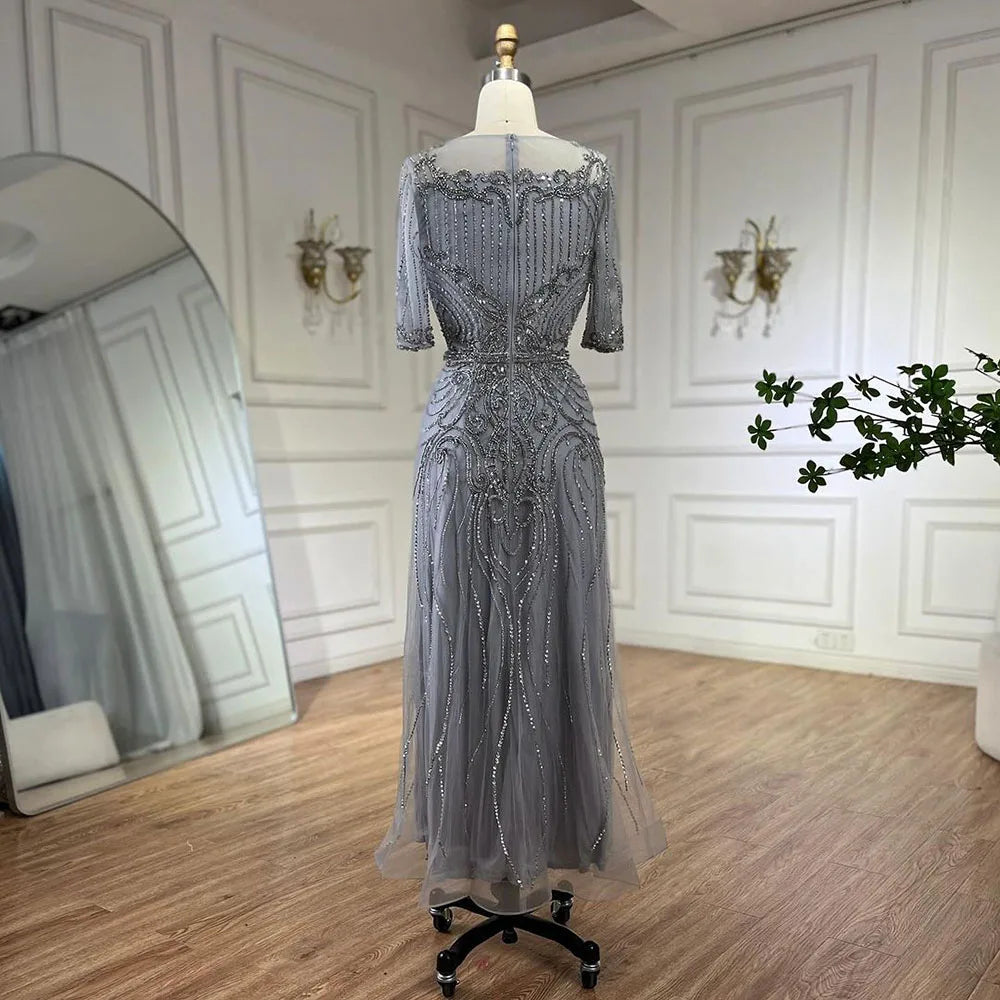 Vestido de noche elegante de sirena, largo hasta la rodilla, con cuentas, estilo árabe, gris, para mujer, para boda, fiesta, 2025, LA72559