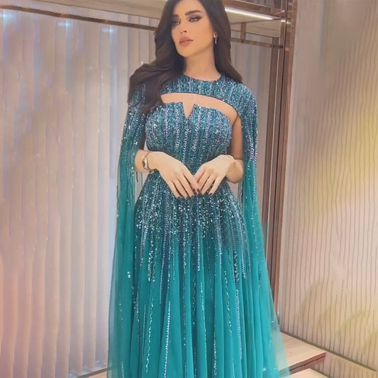 Vestidos de noche largos árabes con mangas largas tipo capa en color verde, corte A y cuentas, para mujer, para bodas, 2025, LA71912