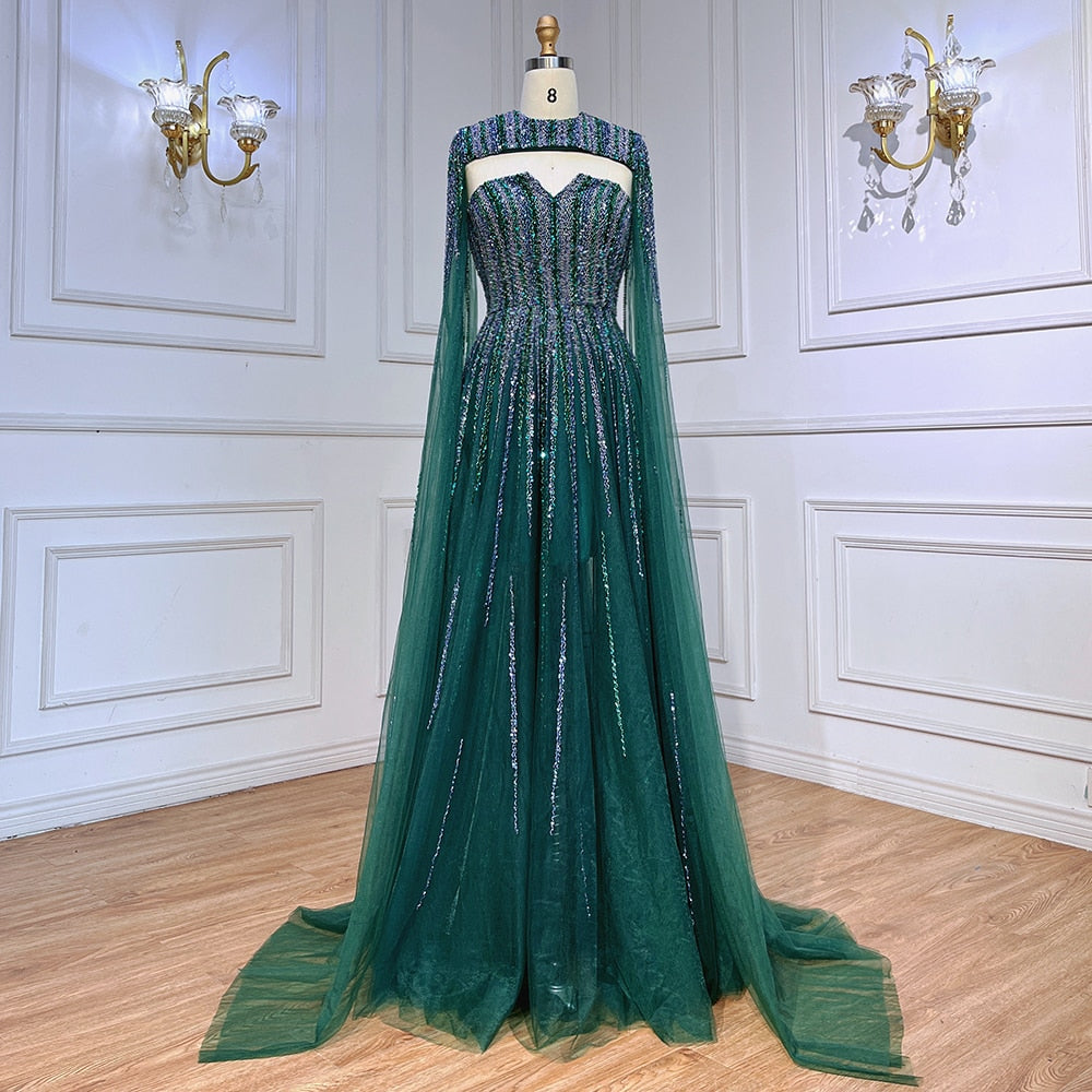 Vestidos de noche largos árabes con mangas largas tipo capa en color verde, corte A y cuentas, para mujer, para bodas, 2025, LA71912