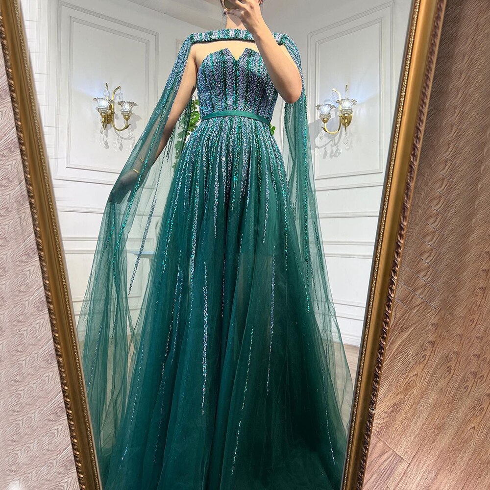 Vestidos de noche largos árabes con mangas largas tipo capa en color verde, corte A y cuentas, para mujer, para bodas, 2025, LA71912