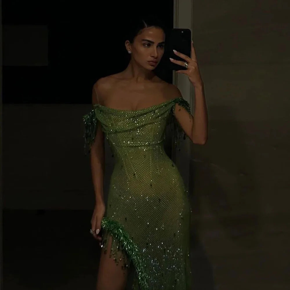 Vestido de noche árabe saudí con borlas de cristal verde, corte alto, para mujer, para fiesta de boda, 2025, LA72490