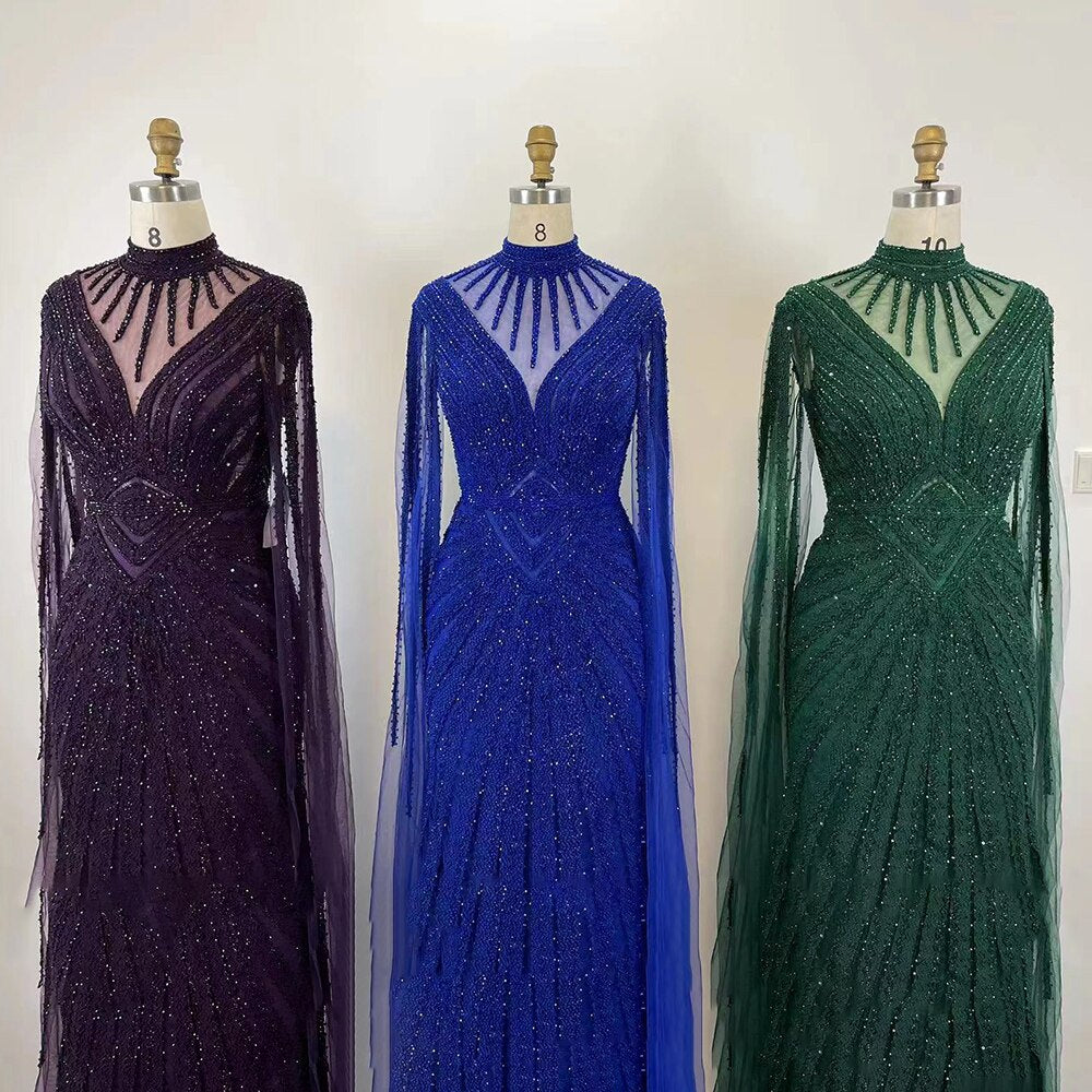 Vestido de noche árabe verde elegante con mangas estilo capa, sirena, encaje y cuentas, 2025, para mujer, boda, fiesta, LA71929