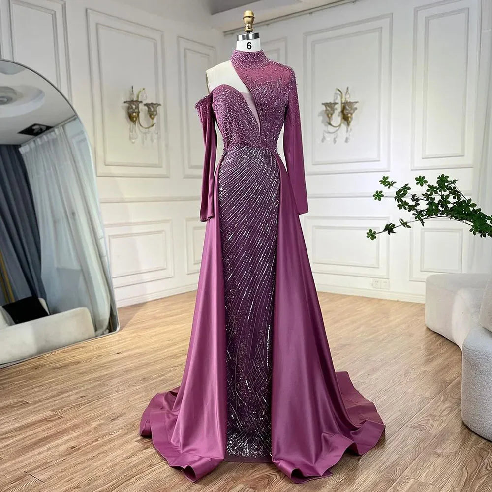 Vestido de noche árabe verde elegante de sirena con un solo hombro y cuentas de lujo de Dubái para mujer, para fiesta de boda LA72550