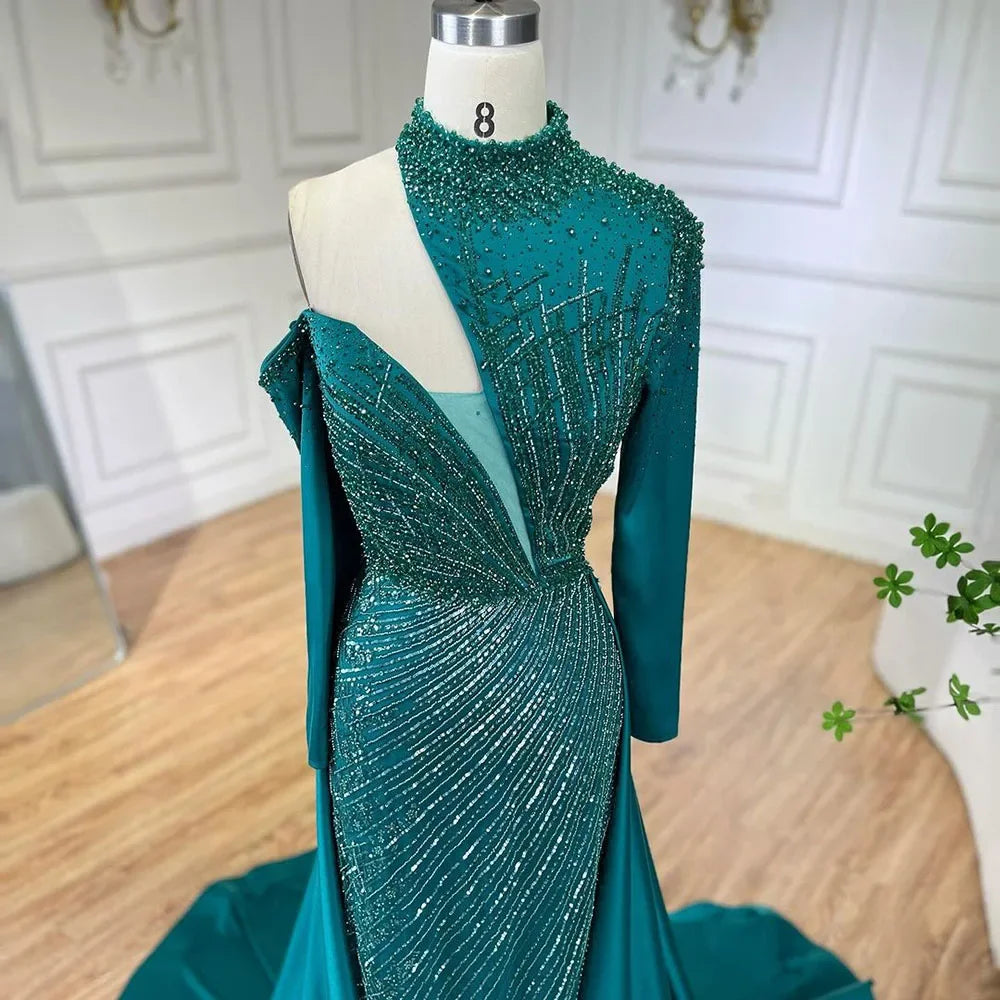 Vestido de noche árabe verde elegante de sirena con un solo hombro y cuentas de lujo de Dubái para mujer, para fiesta de boda LA72550