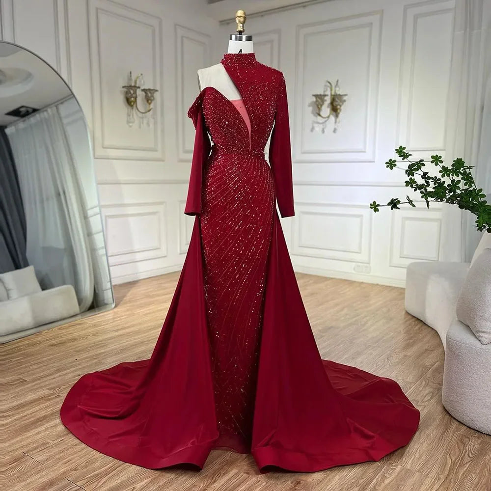 Vestido de noche árabe verde elegante de sirena con un solo hombro y cuentas de lujo de Dubái para mujer, para fiesta de boda LA72550