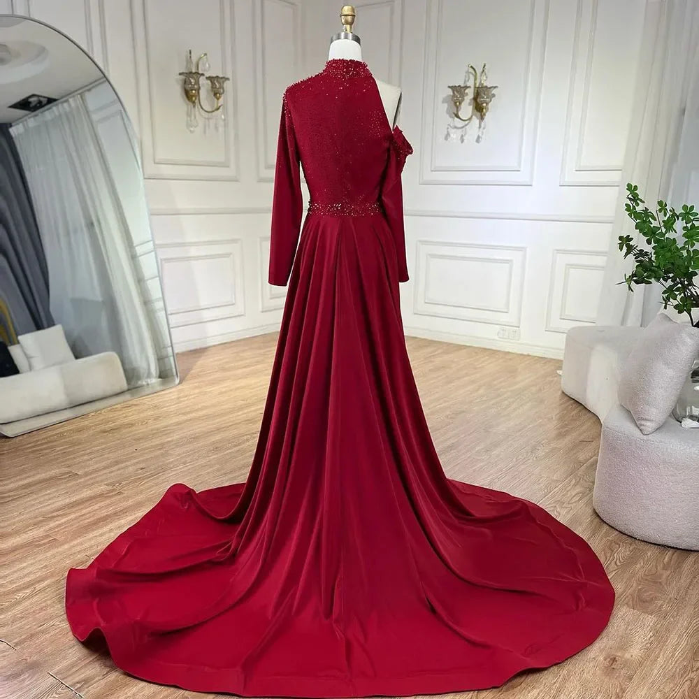 Vestido de noche árabe verde elegante de sirena con un solo hombro y cuentas de lujo de Dubái para mujer, para fiesta de boda LA72550