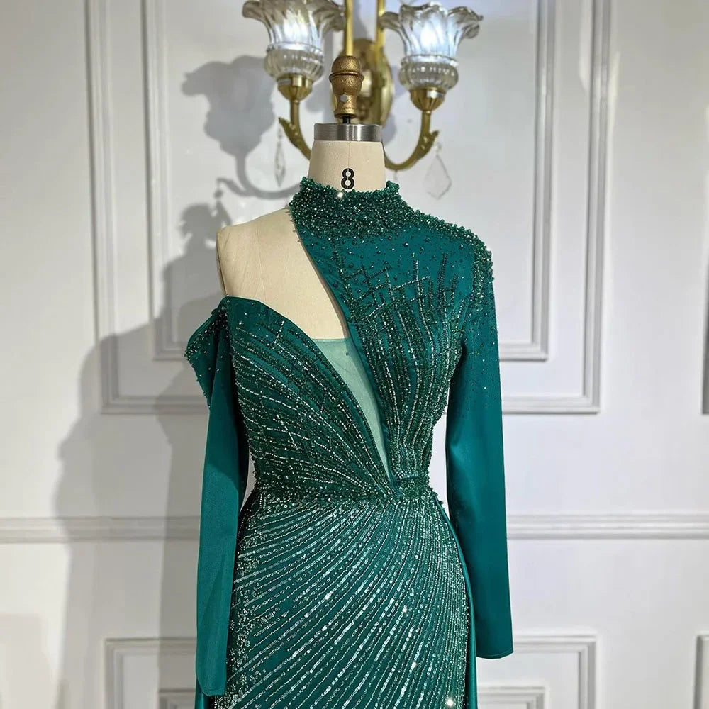Vestido de noche árabe verde elegante de sirena con un solo hombro y cuentas de lujo de Dubái para mujer, para fiesta de boda LA72550