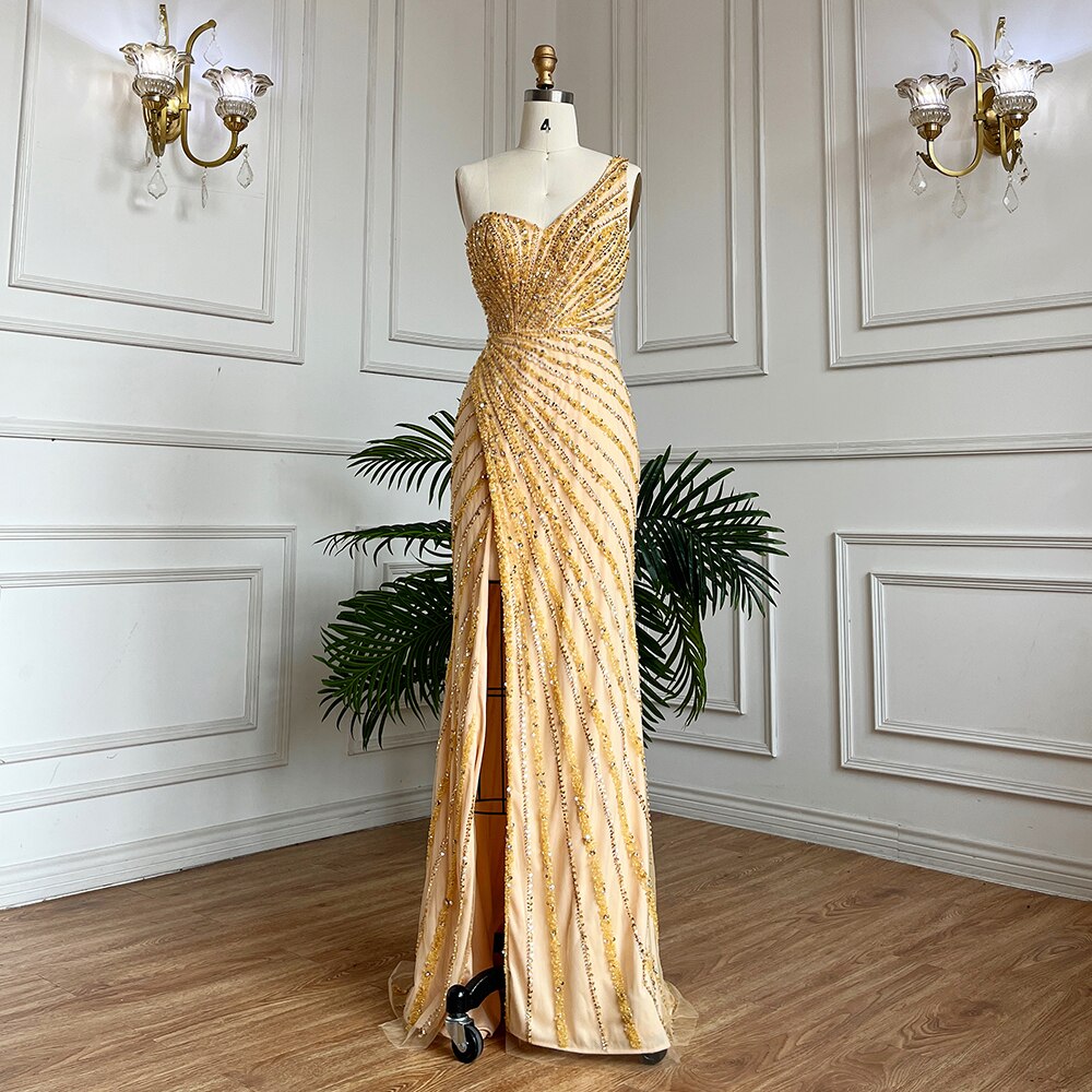 Vestido de noche largo estilo sirena, elegante, sexy, con abertura alta y cuentas, estilo árabe, verde, para mujer, para fiesta de boda, LA71779A