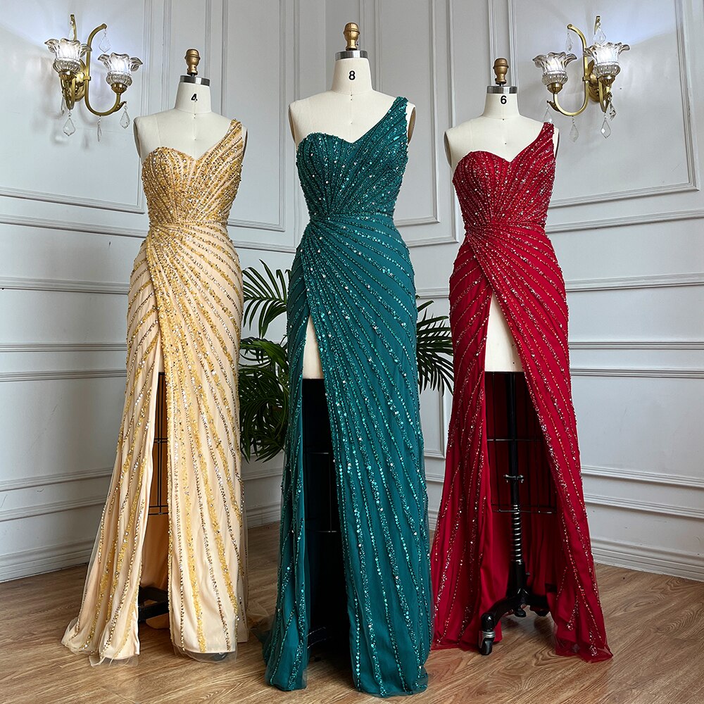 Vestido de noche largo estilo sirena, elegante, sexy, con abertura alta y cuentas, estilo árabe, verde, para mujer, para fiesta de boda, LA71779A