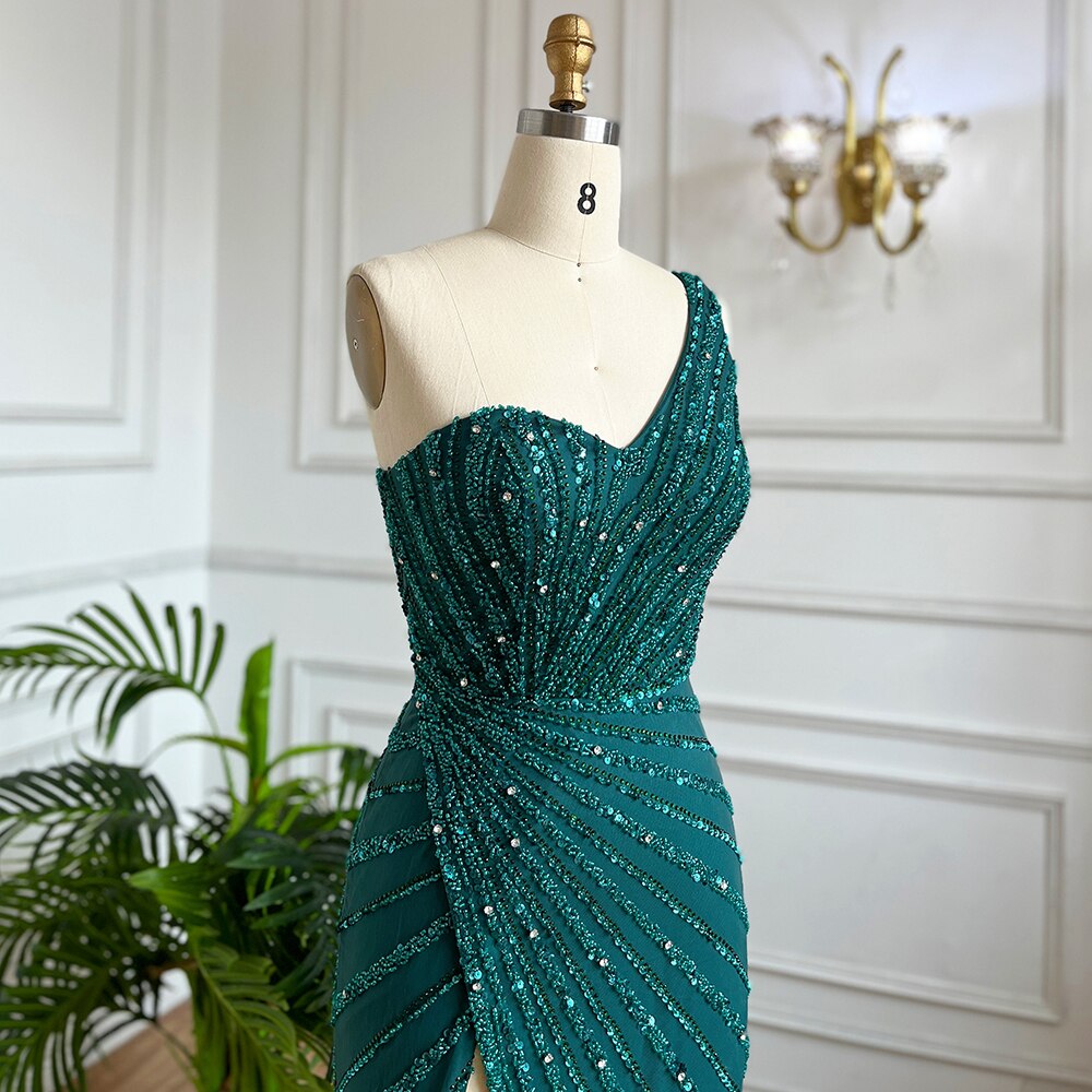 Vestido de noche largo estilo sirena, elegante, sexy, con abertura alta y cuentas, estilo árabe, verde, para mujer, para fiesta de boda, LA71779A