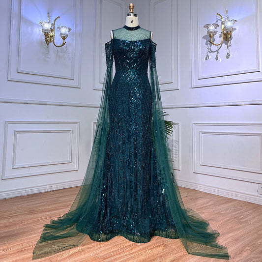 Vestido de noche formal árabe de sirena verde con cuentas y mangas estilo capa para mujer, vestido de fiesta de boda LA72041