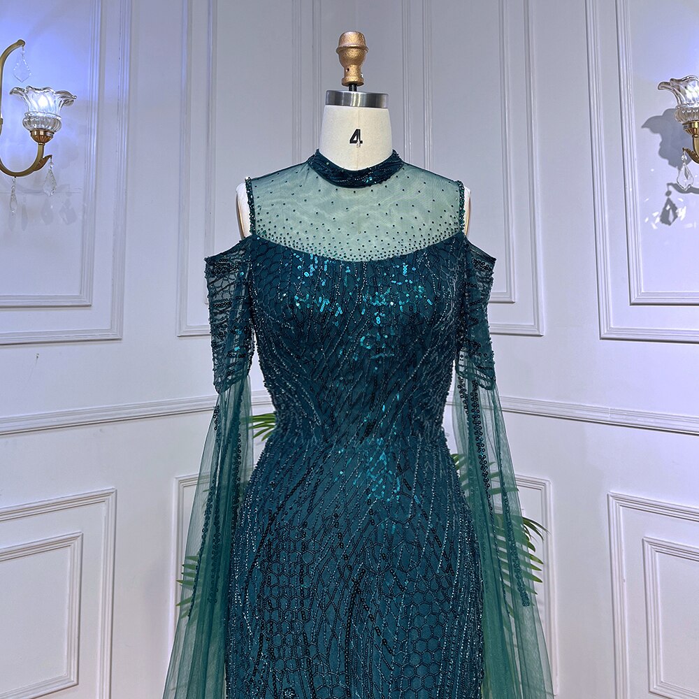 Vestido de noche formal árabe de sirena verde con cuentas y mangas estilo capa para mujer, vestido de fiesta de boda LA72041